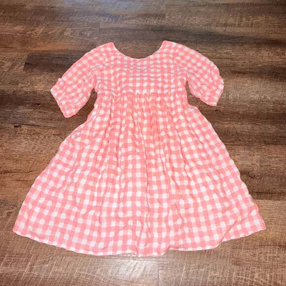 Unknown Other - Girls Coral and White Gingham Dress with Floral Tie Detail, Size 7